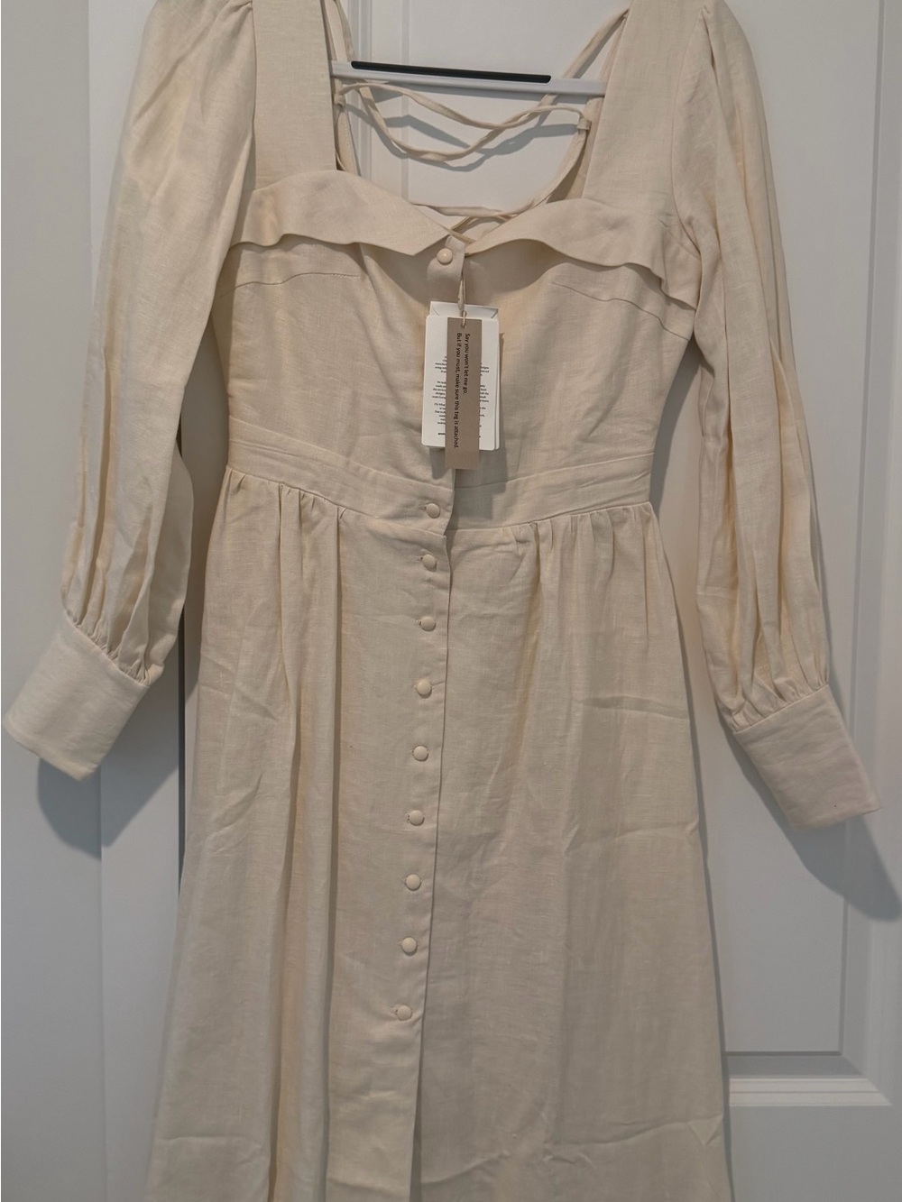 Long-Sleeve Cream Button-Front Midi Dress with Ruffled Neckline